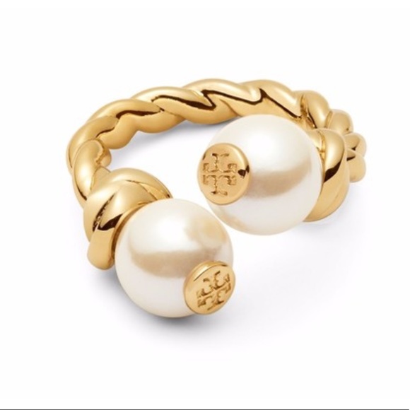 Tory Burch Twisted Rope Logo Pearl Ring New - Picture 5 of 5